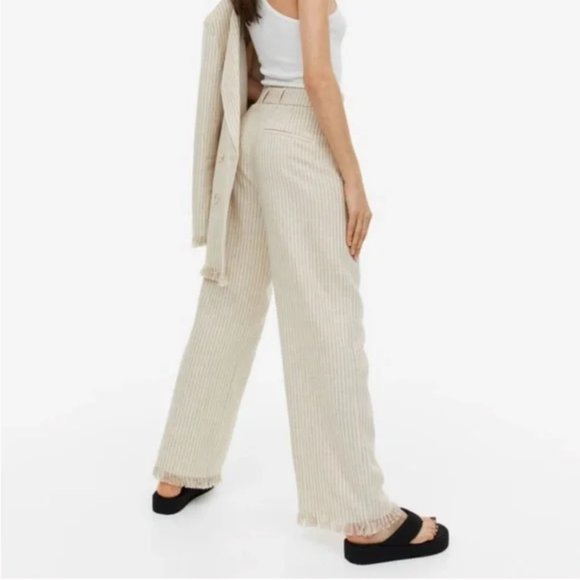 H&M Fringe-Hem Linen Blend Stripe Pants NWT - Size 32 / 0 - Picture 2 of 9